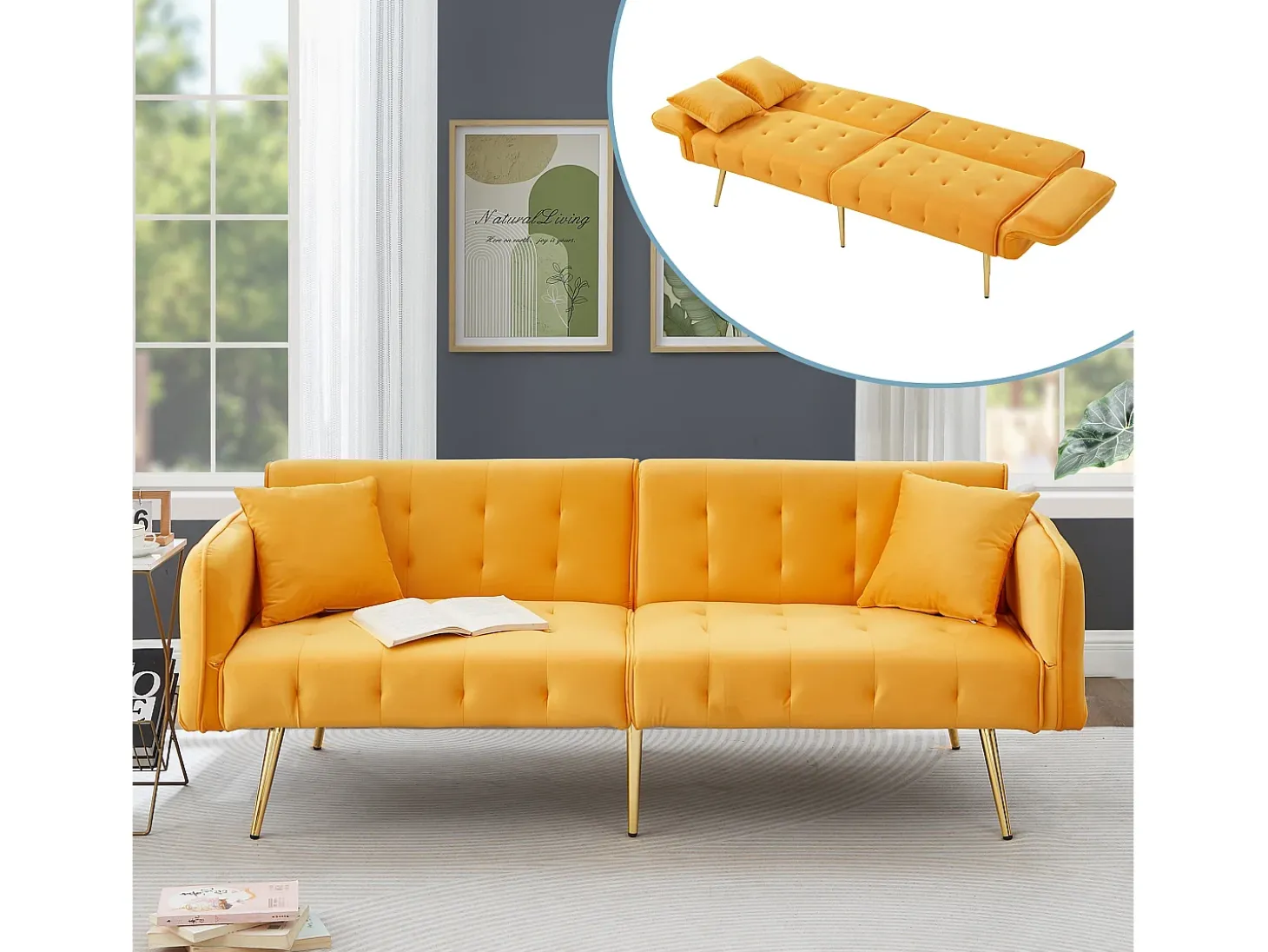 Sofá multifuncional 2 lugares - encosto ajustável - braços ajustáveis - Veludo - Amarelo