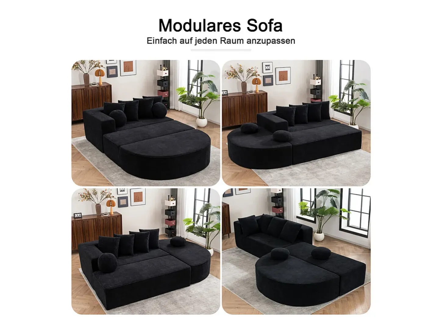 Sofá panorâmico modular 5 lugares - de tecido Chenille preto - com 6 almofadas - 263x171x66cm