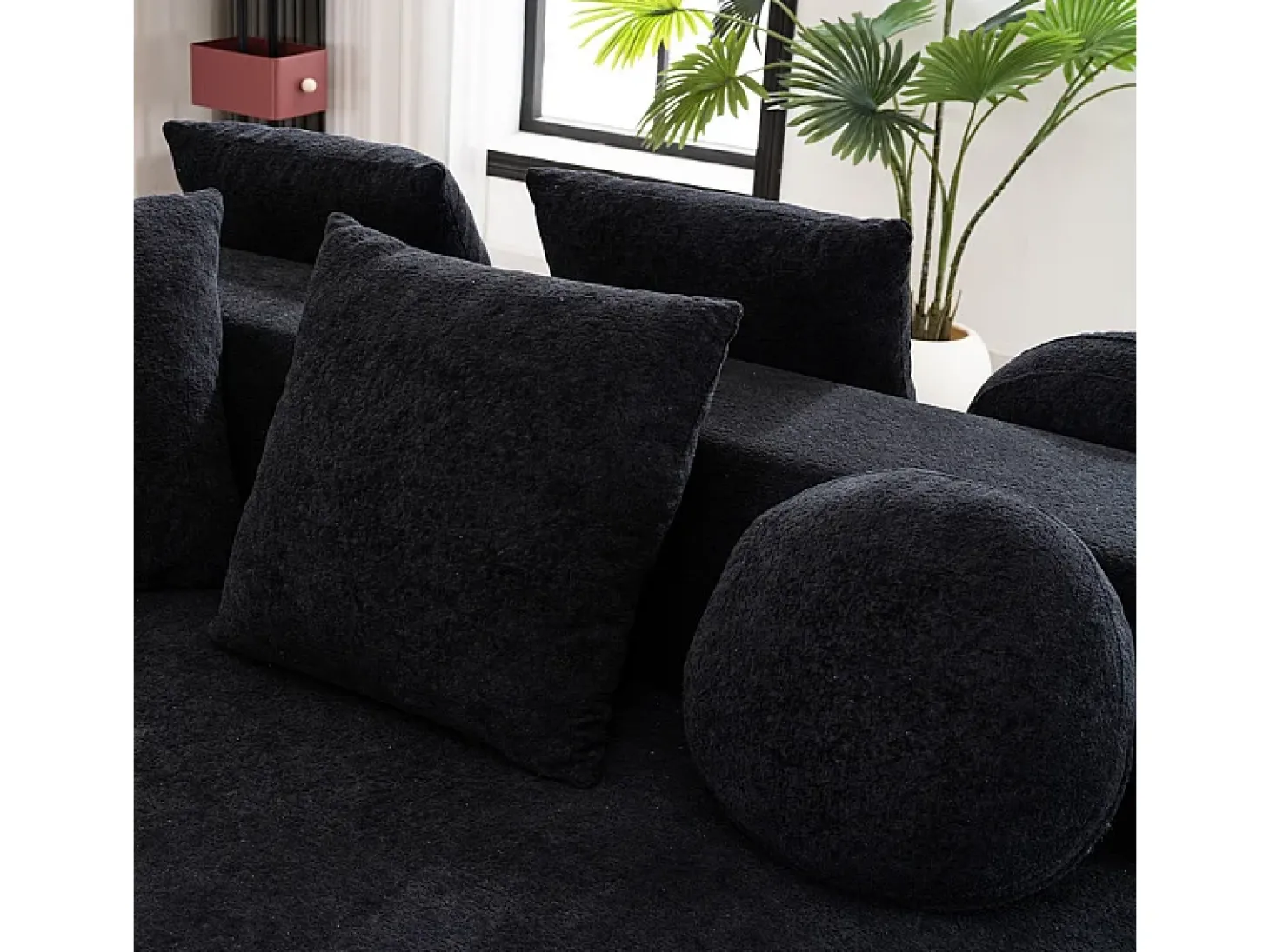 Sofá panorâmico modular 5 lugares - de tecido Chenille preto - com 6 almofadas - 263x171x66cm