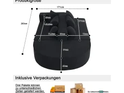 Sofá panorâmico modular 5 lugares - de tecido Chenille preto - com 6 almofadas - 263x171x66cm