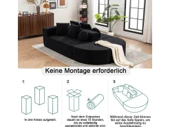Sofá panorâmico modular 5 lugares - de tecido Chenille preto - com 6 almofadas - 263x171x66cm