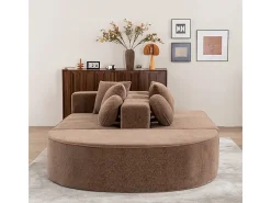 Sofá panorâmico modular 5 lugares - de tecido Chenille marrom - com 6 almofadas - 263x171x66cm