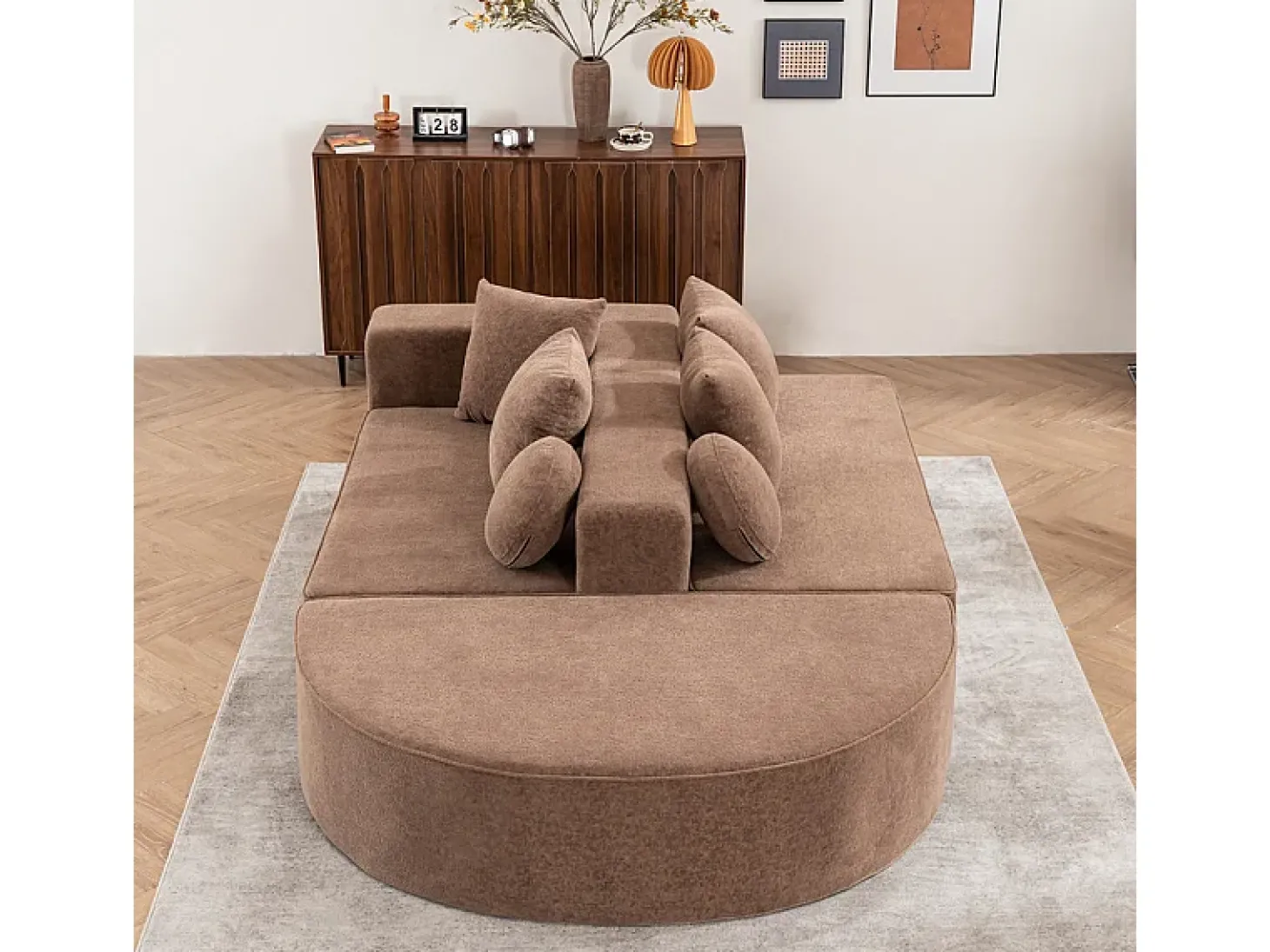 Sofá panorâmico modular 5 lugares - de tecido Chenille marrom - com 6 almofadas - 263x171x66cm