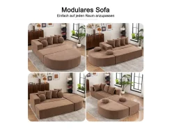 Sofá panorâmico modular 5 lugares - de tecido Chenille marrom - com 6 almofadas - 263x171x66cm