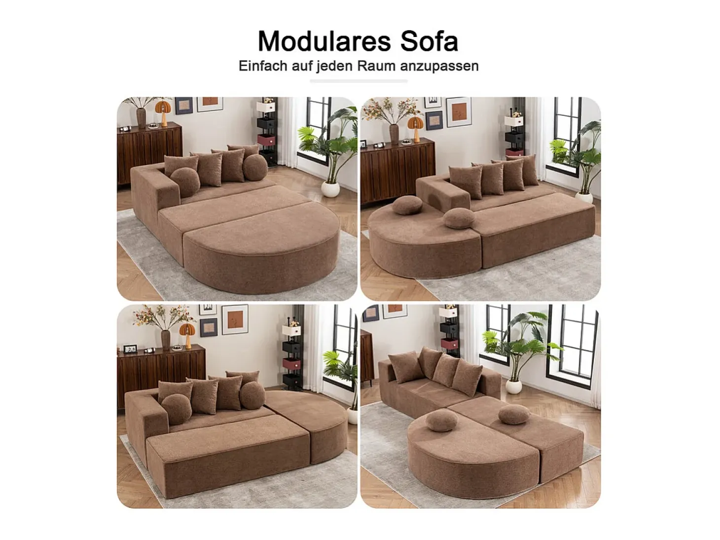 Sofá panorâmico modular 5 lugares - de tecido Chenille marrom - com 6 almofadas - 263x171x66cm