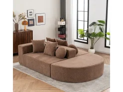 Sofá panorâmico modular 5 lugares - de tecido Chenille marrom - com 6 almofadas - 263x171x66cm