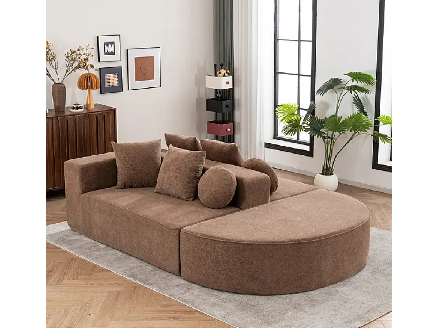 Sofá panorâmico modular 5 lugares - de tecido Chenille marrom - com 6 almofadas - 263x171x66cm