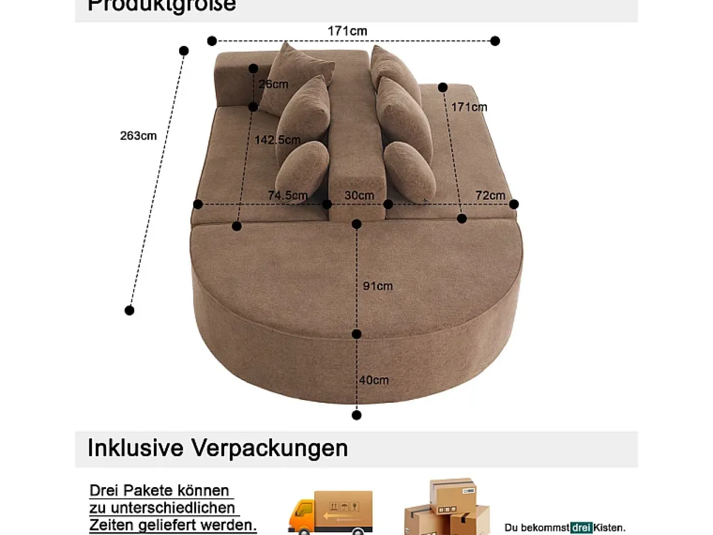 Sofá panorâmico modular 5 lugares - de tecido Chenille marrom - com 6 almofadas - 263x171x66cm