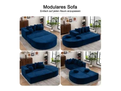Sofá panorâmico modular 5 lugares - de tecido Chenille azul - com 6 almofadas - 263x171x66cm