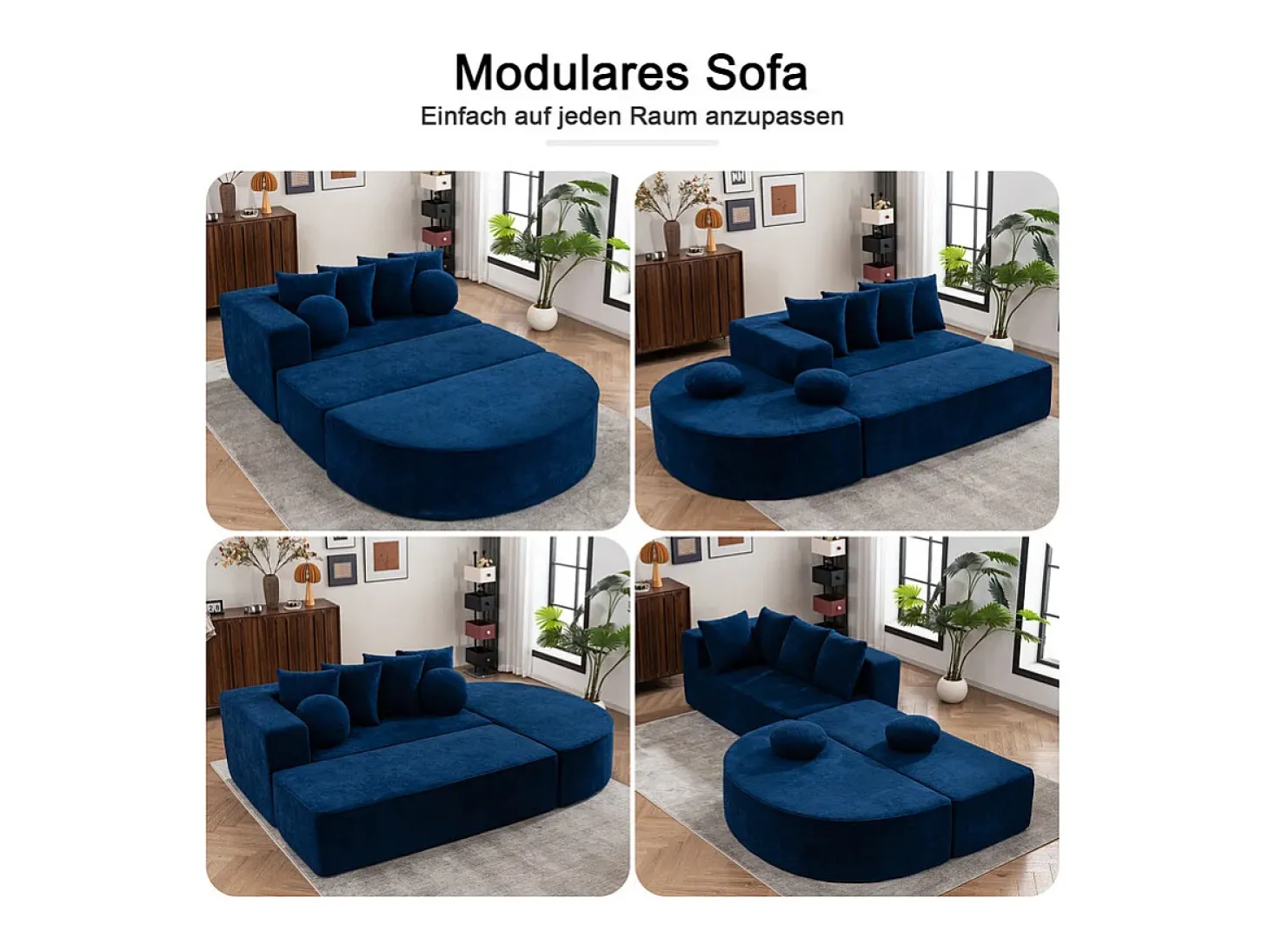 Sofá panorâmico modular 5 lugares - de tecido Chenille azul - com 6 almofadas - 263x171x66cm