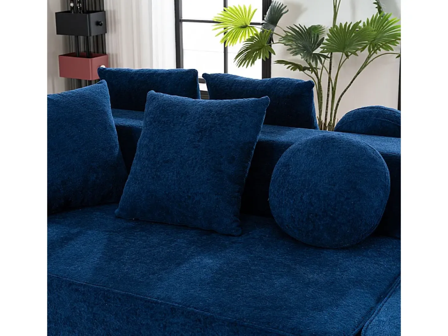 Sofá panorâmico modular 5 lugares - de tecido Chenille azul - com 6 almofadas - 263x171x66cm