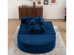 Sofá panorâmico modular 5 lugares - de tecido Chenille azul - com 6 almofadas - 263x171x66cm