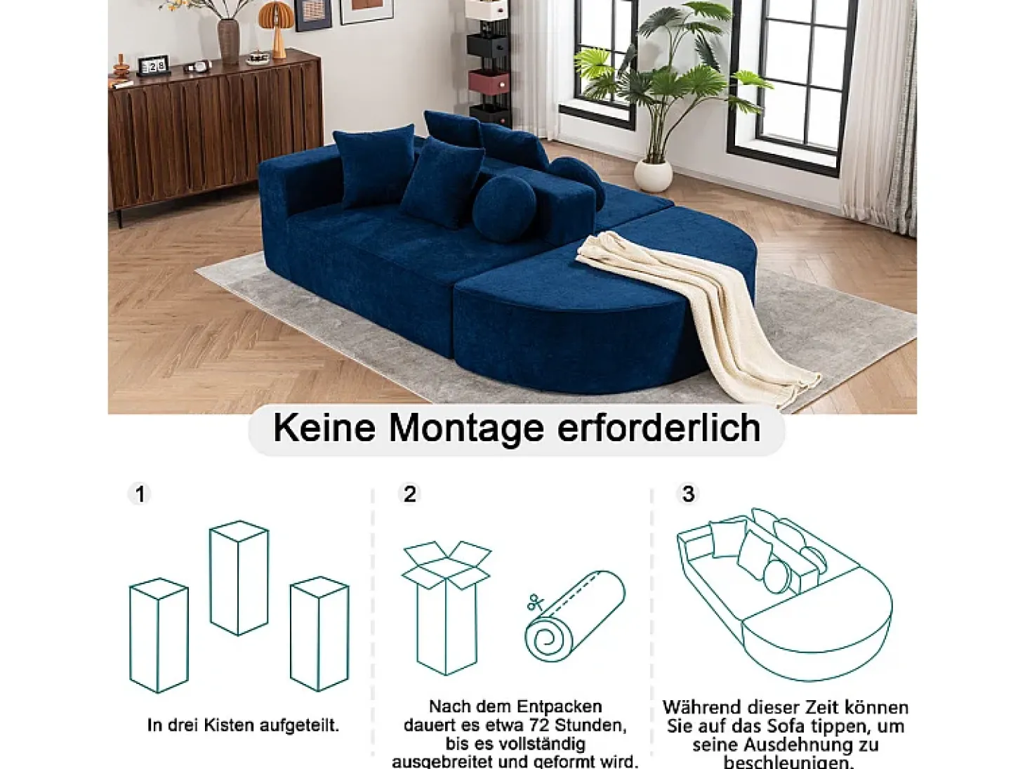 Sofá panorâmico modular 5 lugares - de tecido Chenille azul - com 6 almofadas - 263x171x66cm