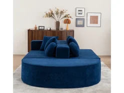 Sofá panorâmico modular 5 lugares - de tecido Chenille azul - com 6 almofadas - 263x171x66cm