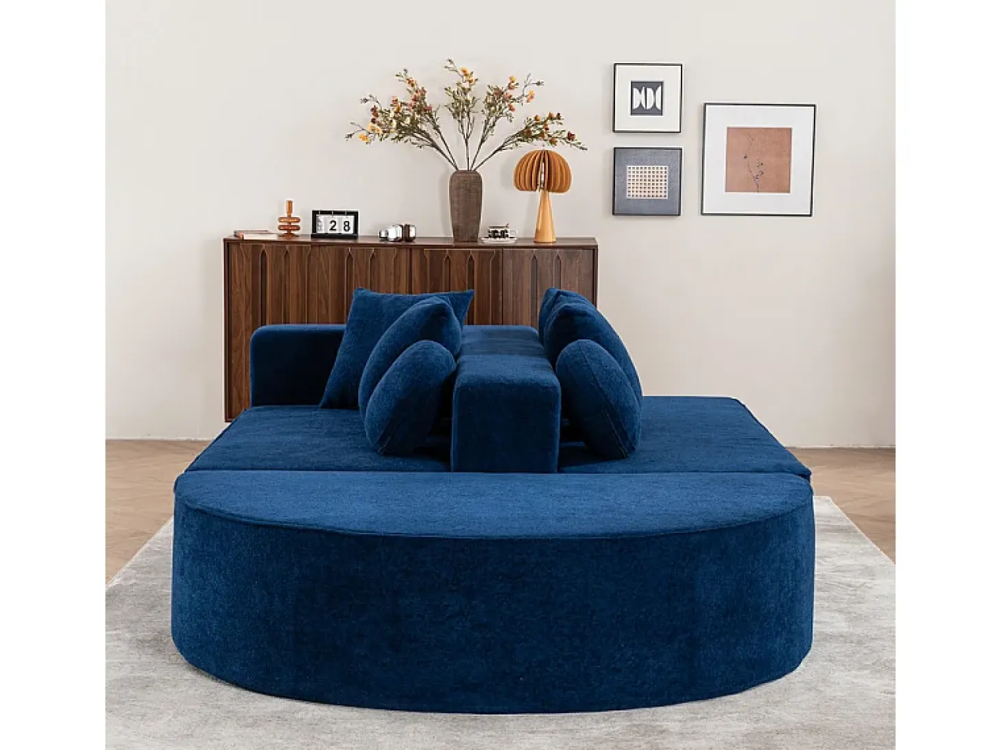 Sofá panorâmico modular 5 lugares - de tecido Chenille azul - com 6 almofadas - 263x171x66cm