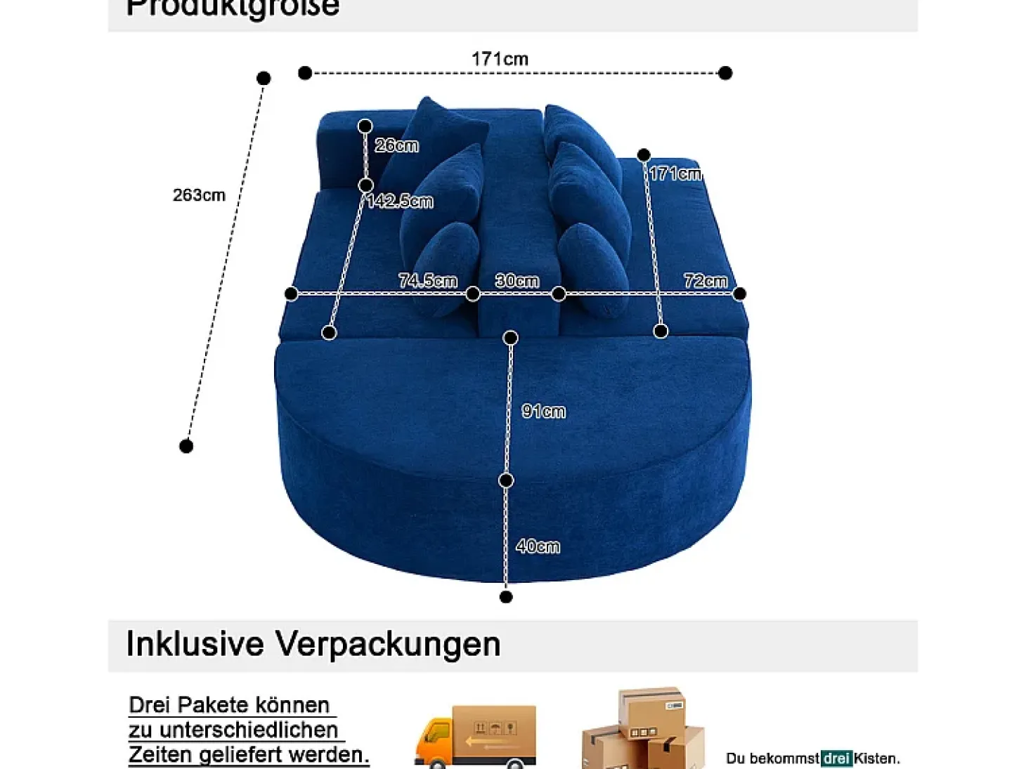 Sofá panorâmico modular 5 lugares - de tecido Chenille azul - com 6 almofadas - 263x171x66cm