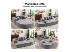 Sofá panorâmico modular 5 lugares - de tecido Chenille cinza - com 6 almofadas - 263x171x66cm