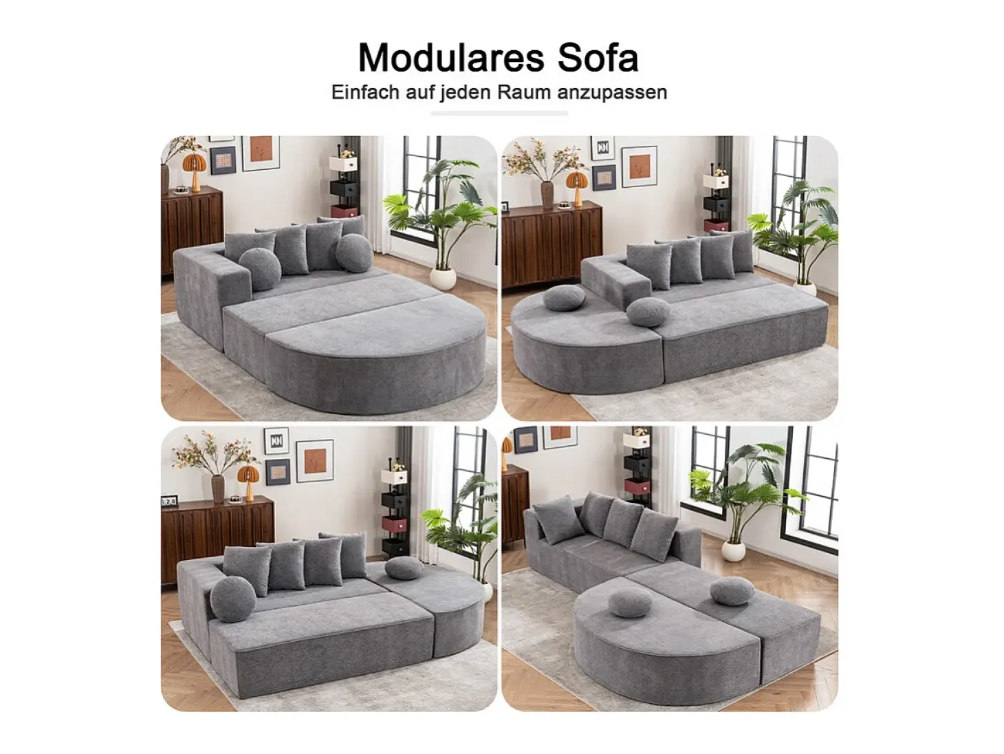 Sofá panorâmico modular 5 lugares - de tecido Chenille cinza - com 6 almofadas - 263x171x66cm