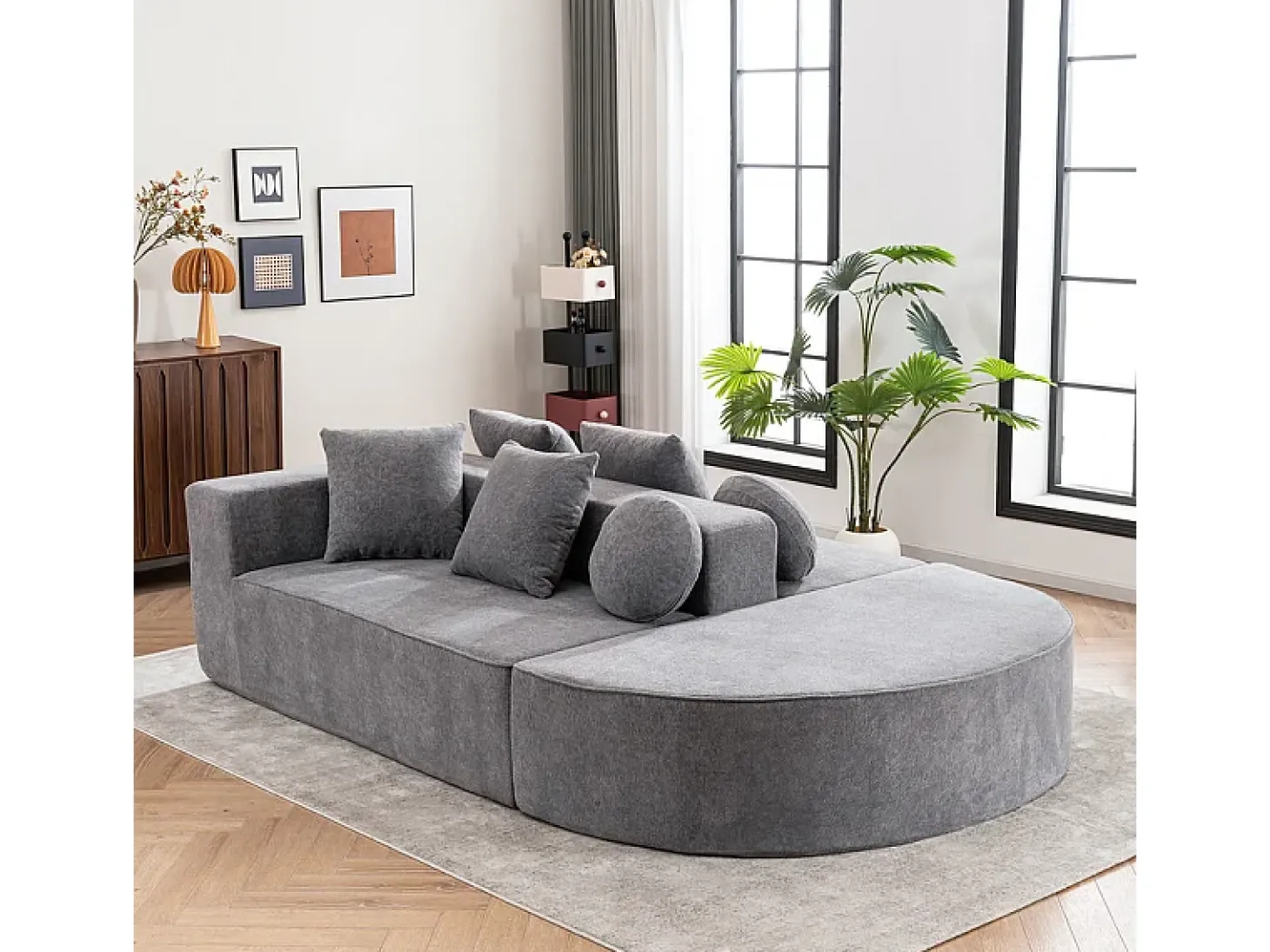Sofá panorâmico modular 5 lugares - de tecido Chenille cinza - com 6 almofadas - 263x171x66cm
