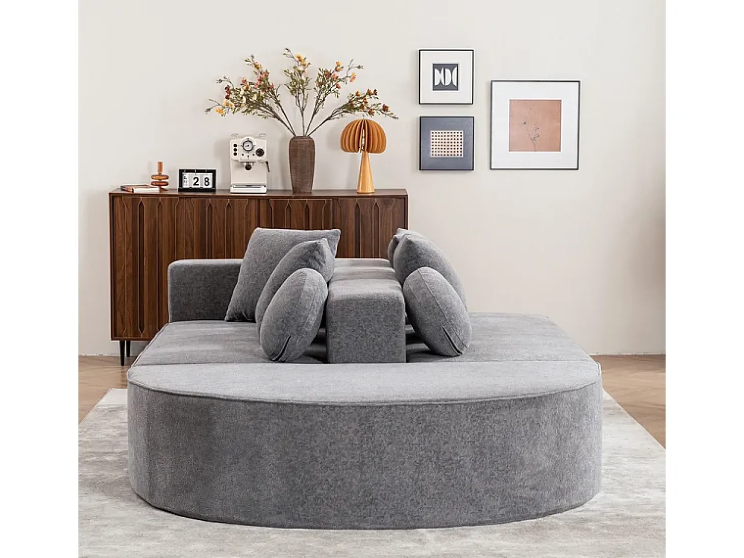 Sofá panorâmico modular 5 lugares - de tecido Chenille cinza - com 6 almofadas - 263x171x66cm