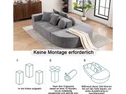 Sofá panorâmico modular 5 lugares - de tecido Chenille cinza - com 6 almofadas - 263x171x66cm