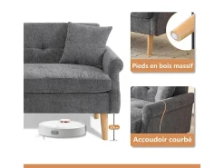 Sofá para 2 pessoas em tecido Chenille cinza - com 2 travesseiros - apoios de braços acolchoados - 20cm pés de madeira maciça -162x74x77cm