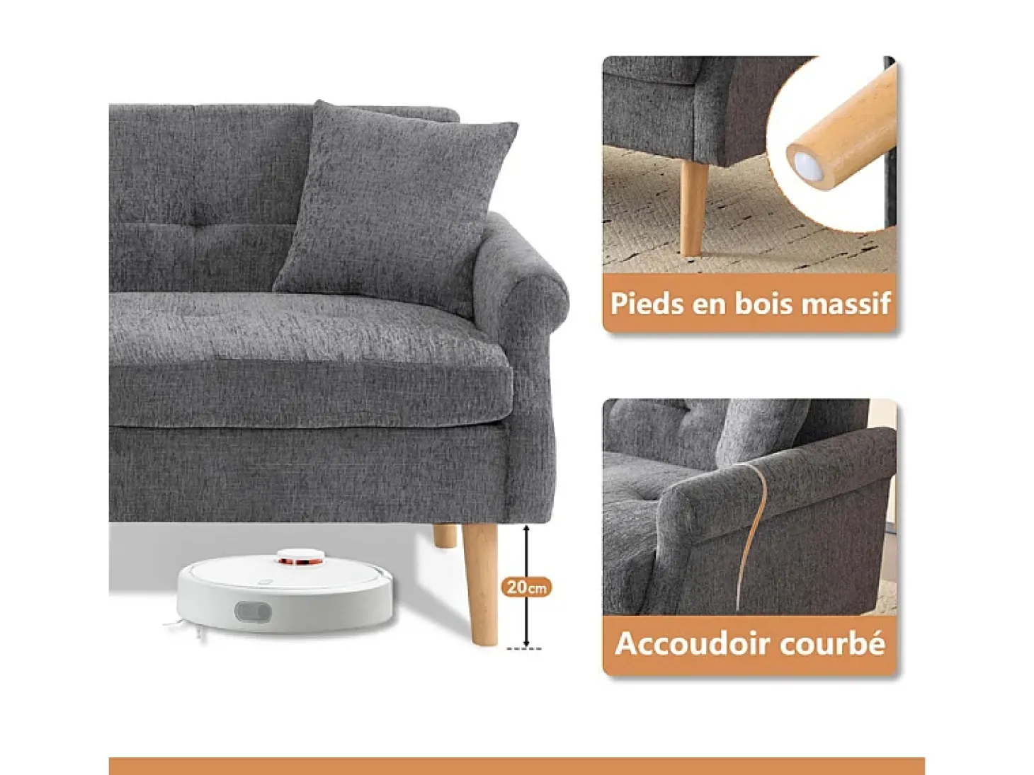 Sofá para 2 pessoas em tecido Chenille cinza - com 2 travesseiros - apoios de braços acolchoados - 20cm pés de madeira maciça -162x74x77cm