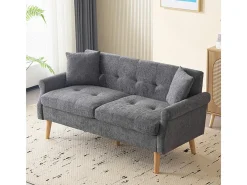 Sofá para 2 pessoas em tecido Chenille cinza - com 2 travesseiros - apoios de braços acolchoados - 20cm pés de madeira maciça -162x74x77cm