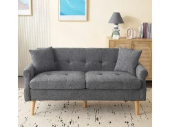 Sofá para 2 pessoas em tecido Chenille cinza - com 2 travesseiros - apoios de braços acolchoados - 20cm pés de madeira maciça -162x74x77cm