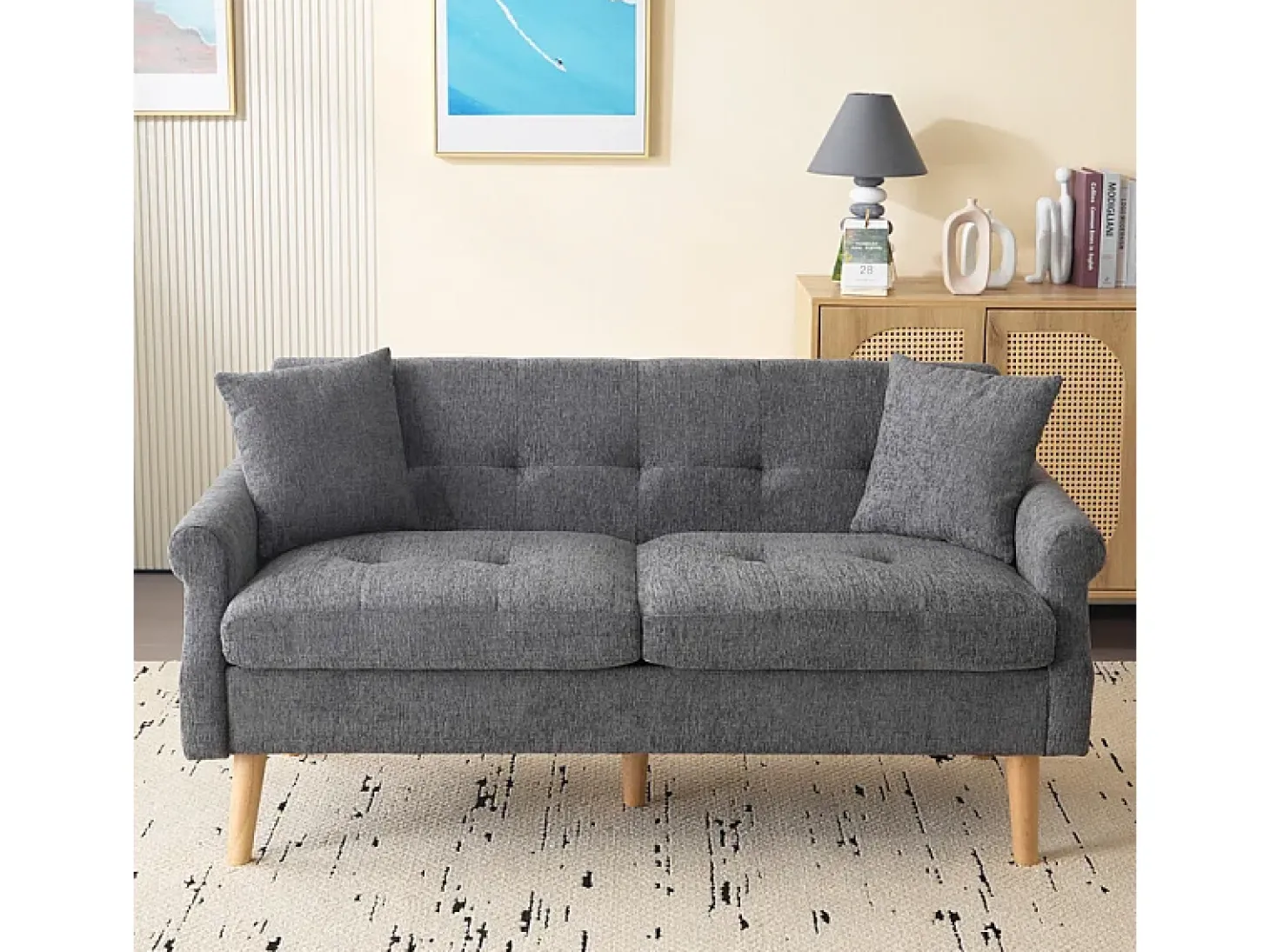 Sofá para 2 pessoas em tecido Chenille cinza - com 2 travesseiros - apoios de braços acolchoados - 20cm pés de madeira maciça -162x74x77cm