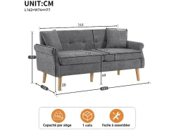 Sofá para 2 pessoas em tecido Chenille cinza - com 2 travesseiros - apoios de braços acolchoados - 20cm pés de madeira maciça -162x74x77cm