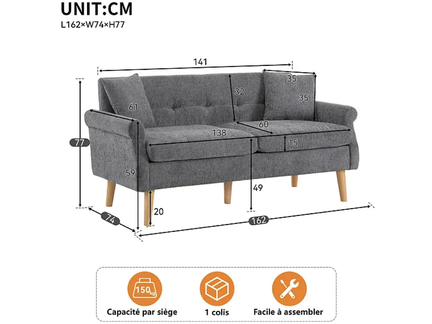 Sofá para 2 pessoas em tecido Chenille cinza - com 2 travesseiros - apoios de braços acolchoados - 20cm pés de madeira maciça -162x74x77cm