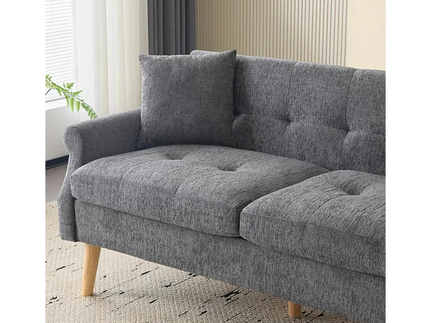 Sofá para 2 pessoas em tecido Chenille cinza - com 2 travesseiros - apoios de braços acolchoados - 20cm pés de madeira maciça -162x74x77cm