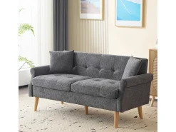 Sofá para 2 pessoas em tecido Chenille cinza - com 2 travesseiros - apoios de braços acolchoados - 20cm pés de madeira maciça -162x74x77cm