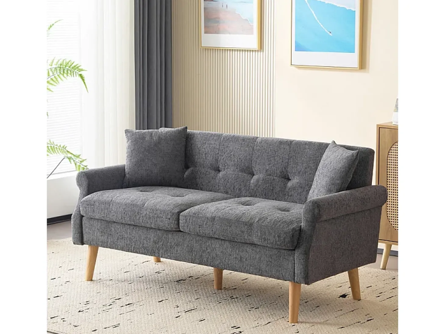 Sofá para 2 pessoas em tecido Chenille cinza - com 2 travesseiros - apoios de braços acolchoados - 20cm pés de madeira maciça -162x74x77cm