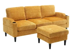 Sofá reto amarelo de 4 lugares com apoio para os pés, bolsos laterais e suporte para copos 196,5 x 75 x 77 cm