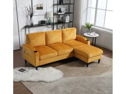 Sofá reto amarelo de 4 lugares com apoio para os pés, bolsos laterais e suporte para copos 196,5 x 75 x 77 cm