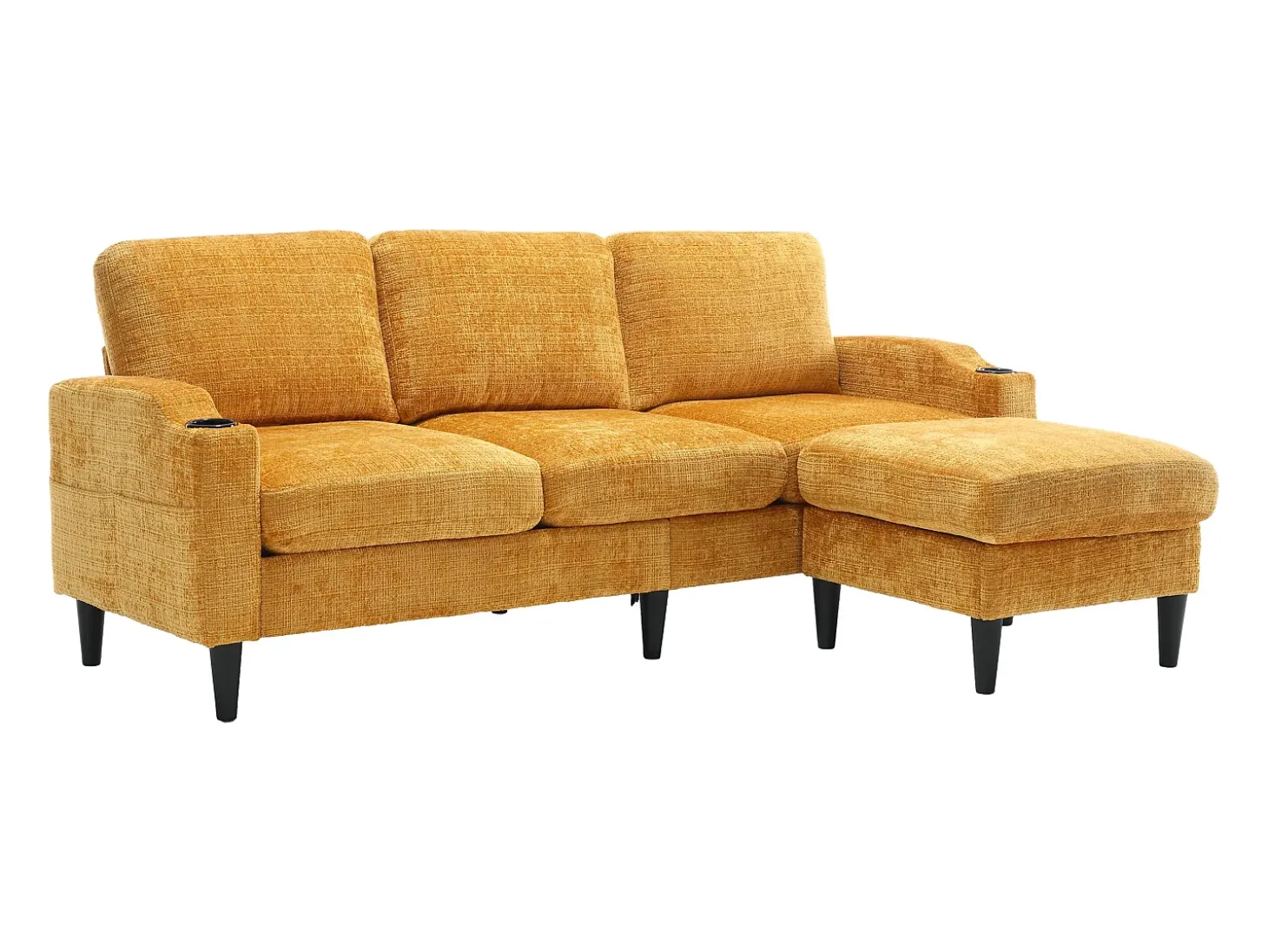 Sofá reto amarelo de 4 lugares com apoio para os pés, bolsos laterais e suporte para copos 196,5 x 75 x 77 cm