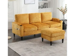 Sofá reto amarelo de 4 lugares com apoio para os pés, bolsos laterais e suporte para copos 196,5 x 75 x 77 cm