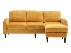 Sofá reto amarelo de 4 lugares com apoio para os pés, bolsos laterais e suporte para copos 196,5 x 75 x 77 cm