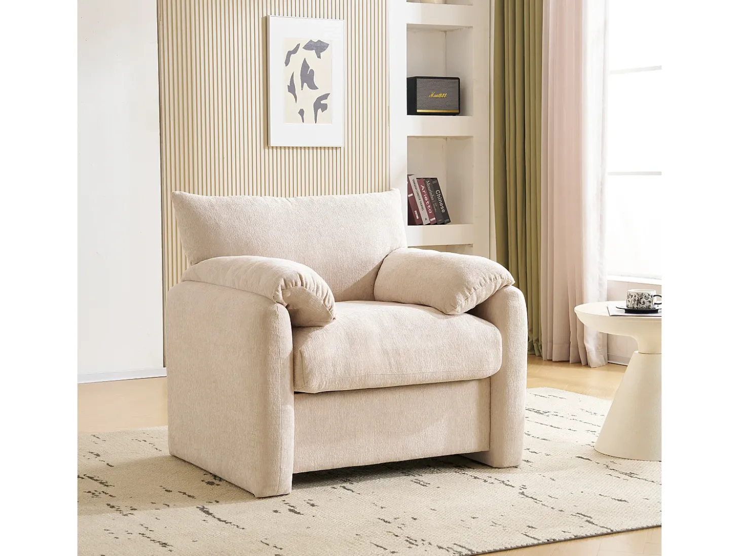 Sofá reto bege - Sofá com braços e encosto - Chenille - para sala de estar e quarto