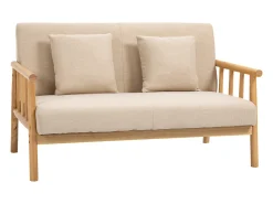 Sofá reto bege de 2 lugares, estrutura de madeira natural, 2 almofadas incluídas - 123x69x74cm
