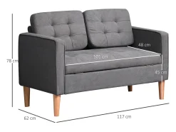 Sofá reto cinza de 2 lugares com armazenamento integrado e almofadas removíveis - 117x62x78cm