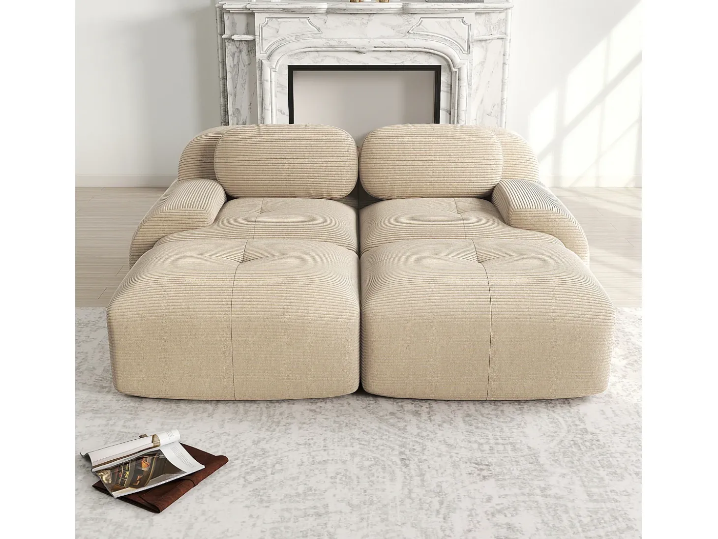 Sofá reto com braços Curvo - Sofá de 2 lugares com encosto e almofadas decorativas - bombazine bege