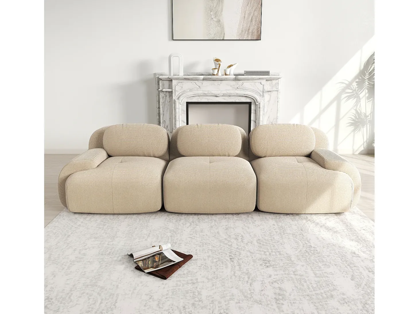 Sofá reto com braços curvos - Sofá de 3 lugares com encosto e almofadas decorativas - Veludo cotelê bege