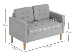 Sofá reto de 2 lugares em veludo cinza com armazenamento integrado - 117x62x78cm