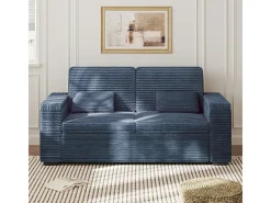 Sofá reto de 2 lugares em veludo canelado Azul - com braços de armazenamento - 180x74x84cm