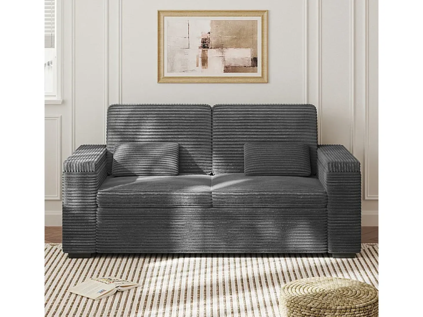 Sofá reto de 2 lugares em veludo canelado Cinza - com braços de armazenamento - 180x74x84cm