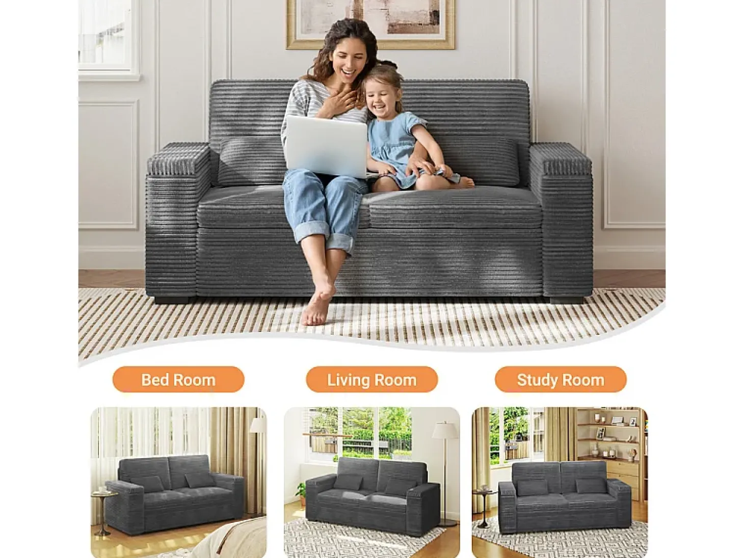 Sofá reto de 2 lugares em veludo canelado Cinza - com braços de armazenamento - 180x74x84cm