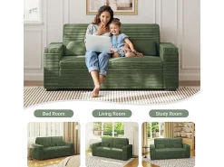 Sofá reto de 2 lugares em veludo canelado Verde - com braços de armazenamento - 180x74x84cm
